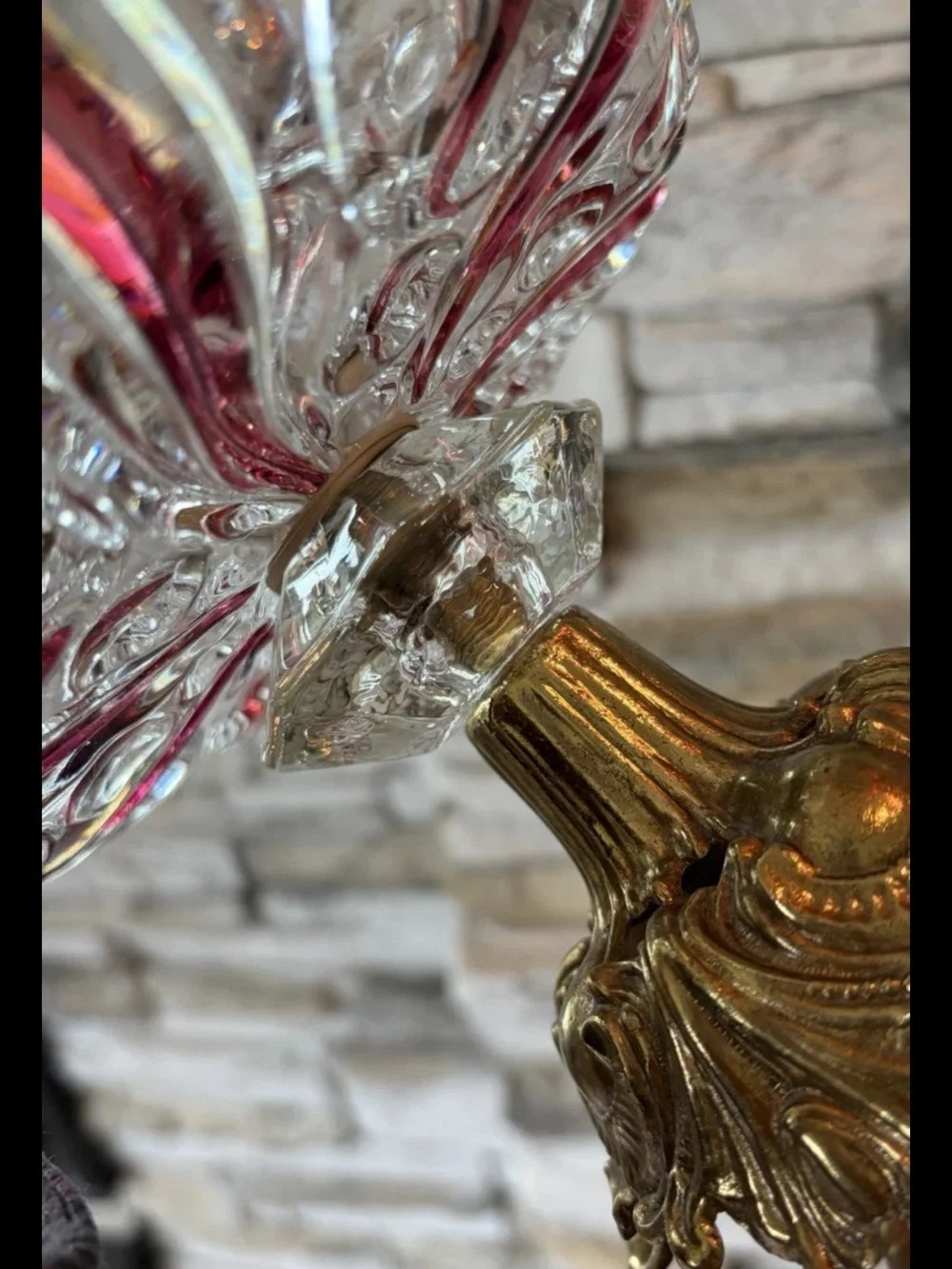 Pedestal Compote Bowl Nuts Cut Crystal Ruby Flash Brass Base Ornate Regency L&L